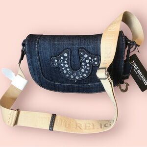 Brand New True Religion Studded Horseshoe Denim Jeans Crossbody Bag